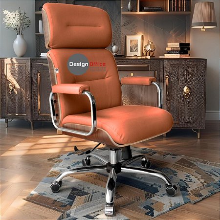 Cadeira Original Eames Presidente com Rodinhas Cromadas e Anti Risco Linha Capa em Madeira Caramelo
