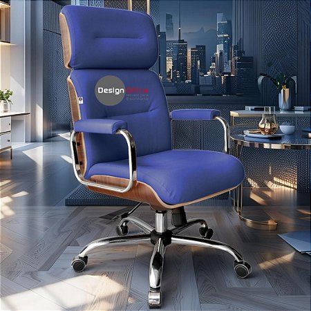 Cadeira Original Eames Presidente com Rodinhas Cromadas e Anti Risco Linha Capa em Madeira Azul Royal