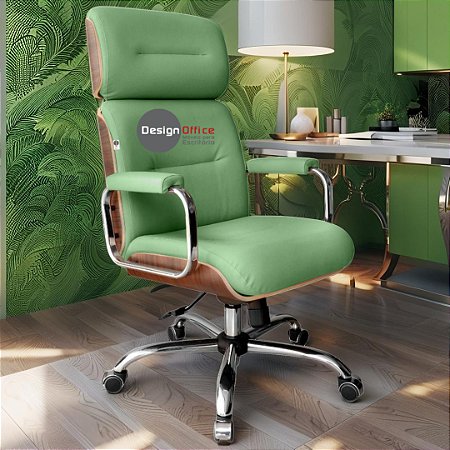 Cadeira Original Eames Presidente com Rodinhas Cromadas e Anti Risco Linha Capa em Madeira Verde Limão