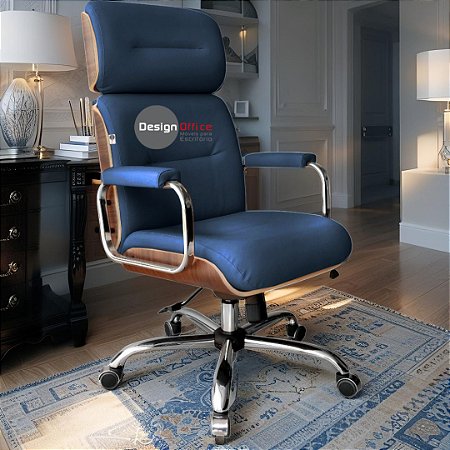 Cadeira Original Eames Presidente com Rodinhas Cromadas e Anti Risco Linha Capa em Madeira Azul Marinho