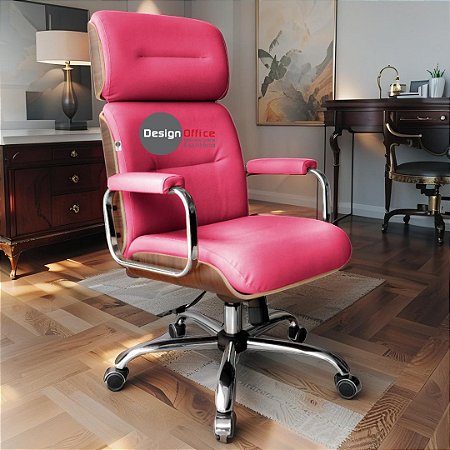 Cadeira Original Eames Presidente com Rodinhas Cromadas e Anti Risco Linha Capa em Madeira Rosa Pink