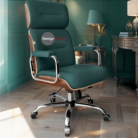 Cadeira Original Eames Presidente com Rodinhas Cromadas e Anti Risco Linha Capa em Madeira Verde