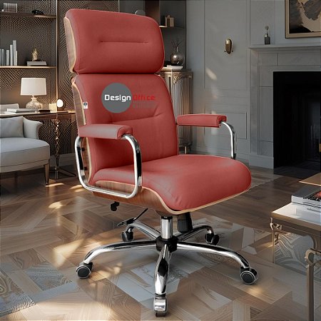 Cadeira Original Eames Presidente com Rodinhas Cromadas e Anti Risco Linha Capa em Madeira Vermelho