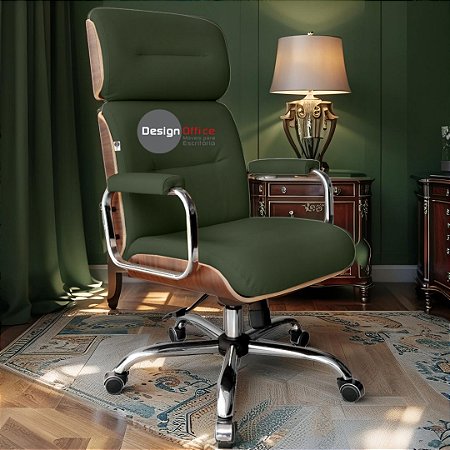 Cadeira Original Eames Presidente com Rodinhas Cromadas e Anti Risco Linha Capa em Madeira Verde Escuro