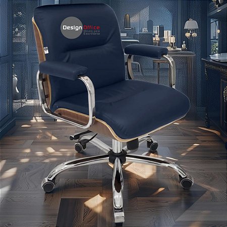 Cadeira Original Eames Diretor com Rodinhas Cromadas e Anti Risco Linha Capa em Madeira Azul Marinho