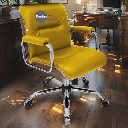 Cadeira Original Eames Diretor com Rodinhas Cromadas e Anti Risco Linha Capa em Madeira Amarelo Mostarda