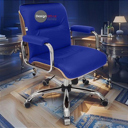 Cadeira Original Eames Diretor com Rodinhas Cromadas e Anti Risco Linha Capa em Madeira Azul Royal