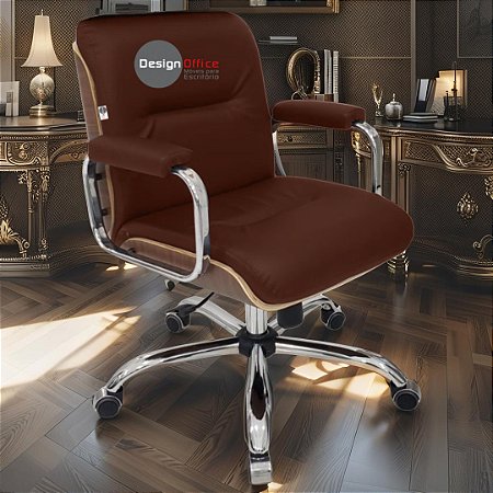 Cadeira Original Eames Diretor com Rodinhas Cromadas e Anti Risco Linha Capa em Madeira Vermelho Vinho