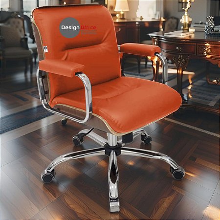 Cadeira Original Eames Diretor com Rodinhas Cromadas e Anti Risco Linha Capa em Madeira Vermelho Telha