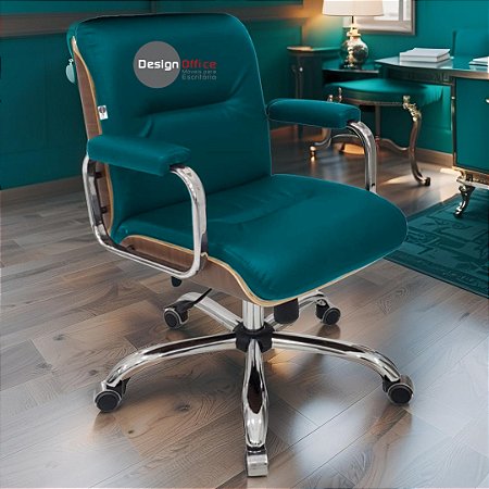Cadeira Original Eames Diretor com Rodinhas Cromadas e Anti Risco Linha Capa em Madeira Verde