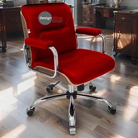 Cadeira Original Eames Diretor com Rodinhas Cromadas e Anti Risco Linha Capa em Madeira Vermelho