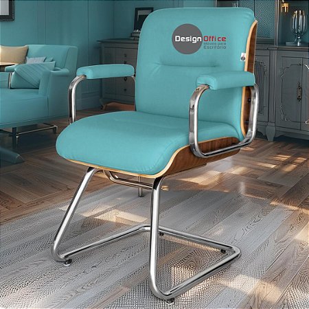 Cadeira Original Eames Interlocutor Cromada Linha Capa em Madeira Verde Água