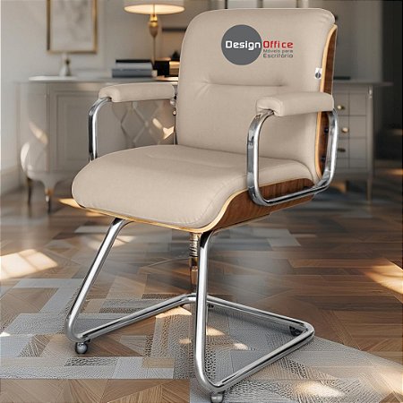 Cadeira Original Eames Interlocutor Cromada Linha Capa em Madeira Bege