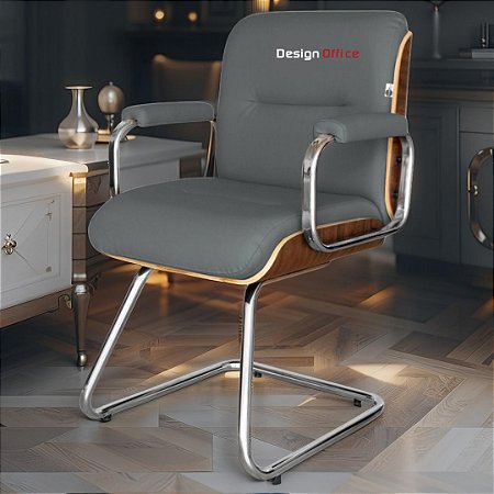 Cadeira Original Eames Interlocutor Cromada Linha Capa em Madeira Cinza Escuro