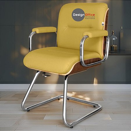 Cadeira Original Eames Interlocutor Cromada Linha Capa em Madeira Amarelo Mostarda