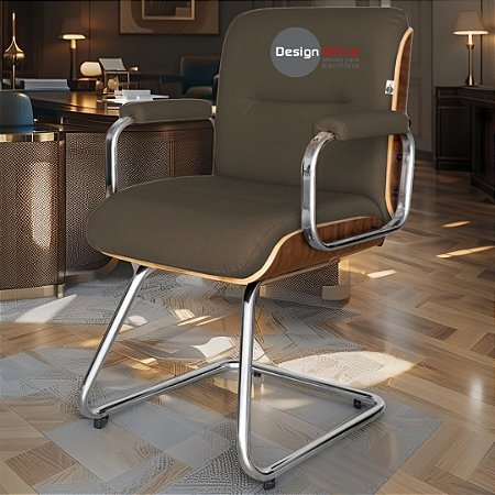 Cadeira Original Eames Interlocutor Cromada Linha Capa em Madeira Marrom