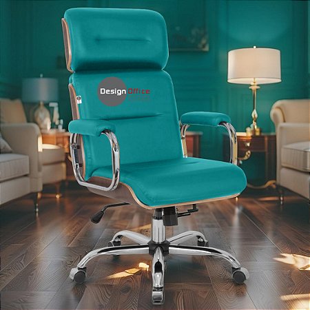 Cadeira Original Eames Presidente com Rodinhas Cromadas e Anti Risco Linha Capa em Madeira Escura - Verde Água