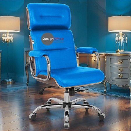 Cadeira Original Eames Presidente com Rodinhas Cromadas e Anti Risco Linha Capa em Madeira Escura - Azul Bebê