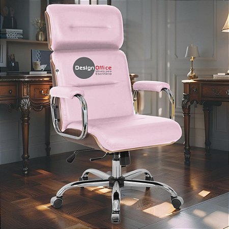 Cadeira Original Eames Presidente com Rodinhas Cromadas e Anti Risco Linha Capa em Madeira Escura - Rosa Claro