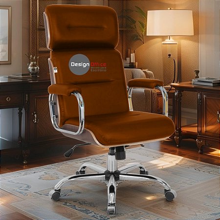 Cadeira Original Eames Presidente com Rodinhas Cromadas e Anti Risco Linha Capa em Madeira Escura - Caramelo