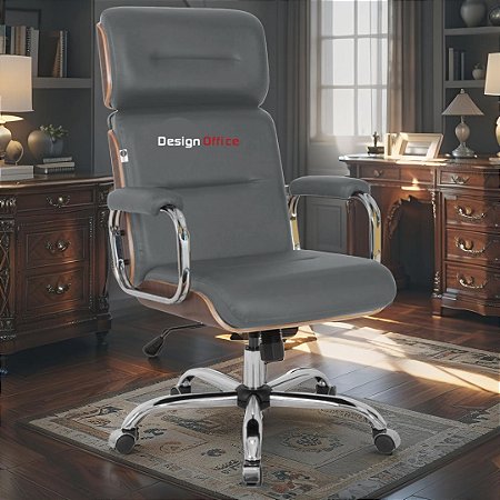 Cadeira Original Eames Presidente com Rodinhas Cromadas e Anti Risco Linha Capa em Madeira Escura - Cinza Escuro