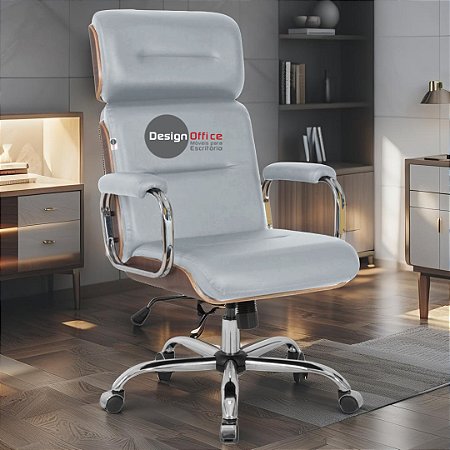 Cadeira Original Eames Presidente com Rodinhas Cromadas e Anti Risco Linha Capa em Madeira Escura - Cinza Claro