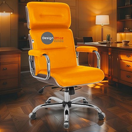 Cadeira Original Eames Presidente com Rodinhas Cromadas e Anti Risco Linha Capa em Madeira Escura - Laranja