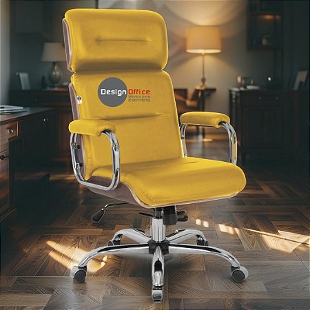 Cadeira Original Eames Presidente com Rodinhas Cromadas e Anti Risco Linha Capa em Madeira Escura - Amarelo Mostarda