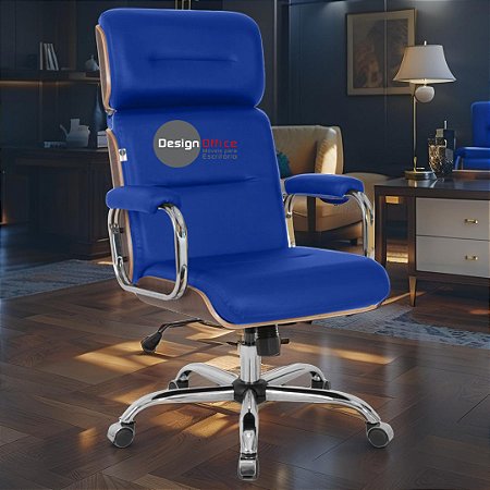 Cadeira Original Eames Presidente com Rodinhas Cromadas e Anti Risco Linha Capa em Madeira Escura - Azul Royal