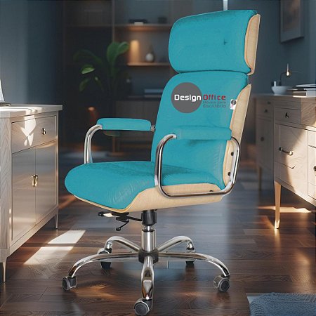 Cadeira Original Eames Presidente com Rodinhas Cromadas e Anti Risco Linha Capa em Madeira Clara - Verde Água