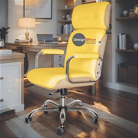 Cadeira Original Eames Presidente com Rodinhas Cromadas e Anti Risco Linha Capa em Madeira Clara - Amarelo