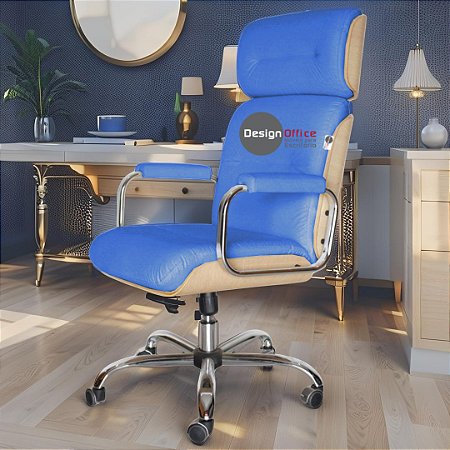 Cadeira Original Eames Presidente com Rodinhas Cromadas e Anti Risco Linha Capa em Madeira Clara - Azul Bebê