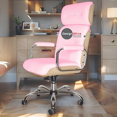 Cadeira Original Eames Presidente com Rodinhas Cromadas e Anti Risco Linha Capa em Madeira Clara - Rosa Claro