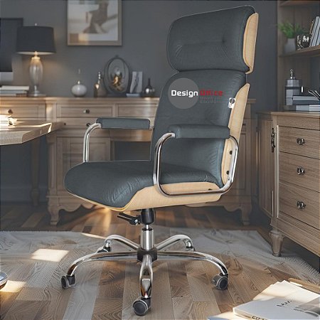 Cadeira Original Eames Presidente com Rodinhas Cromadas e Anti Risco Linha Capa em Madeira Clara - Cinza Escuro