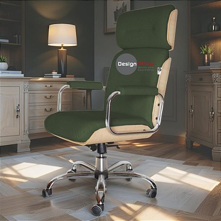Cadeira Original Eames Presidente com Rodinhas Cromadas e Anti Risco Linha Capa em Madeira Clara - Verde Escuro