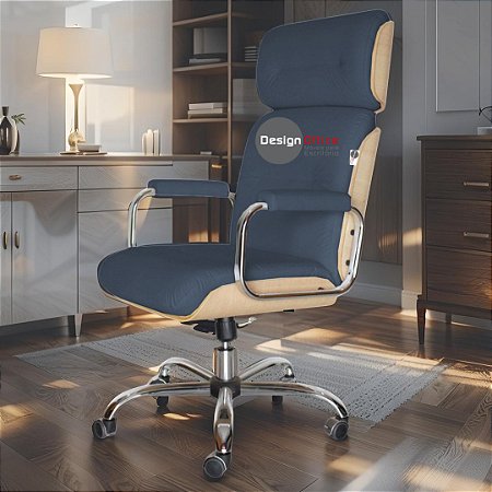 Cadeira Original Eames Presidente com Rodinhas Cromadas e Anti Risco Linha Capa em Madeira Clara - Azul Marinho