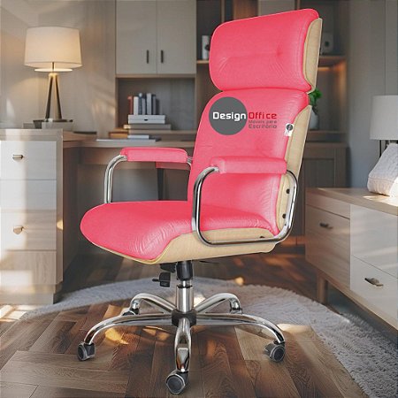 Cadeira Original Eames Presidente com Rodinhas Cromadas e Anti Risco Linha Capa em Madeira Clara - Rosa Pink