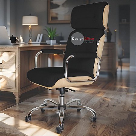 Cadeira Original Eames Presidente com Rodinhas Cromadas e Anti Risco Linha Capa em Madeira Clara - Preto