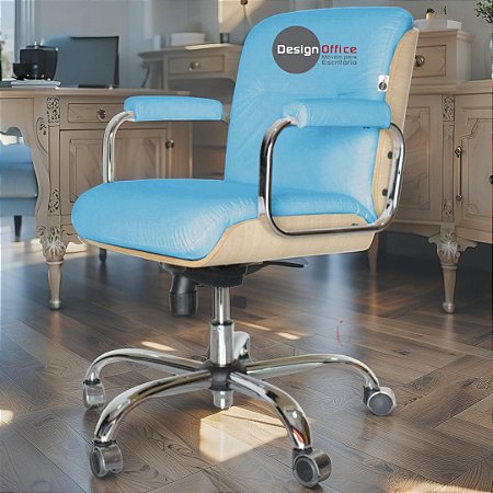 Cadeira Original Eames Diretor com Rodinhas Cromadas e Anti Risco Linha Capa em Madeira Clara - Verde Água