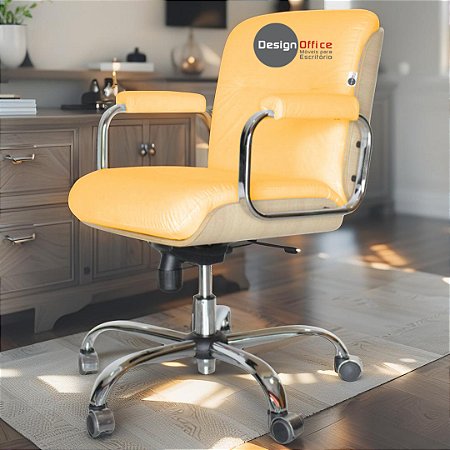 Cadeira Original Eames Diretor com Rodinhas Cromadas e Anti Risco Linha Capa em Madeira Clara - Amarelo