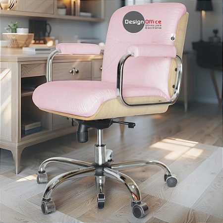Cadeira Original Eames Diretor com Rodinhas Cromadas e Anti Risco Linha Capa em Madeira Clara - Rosa Claro