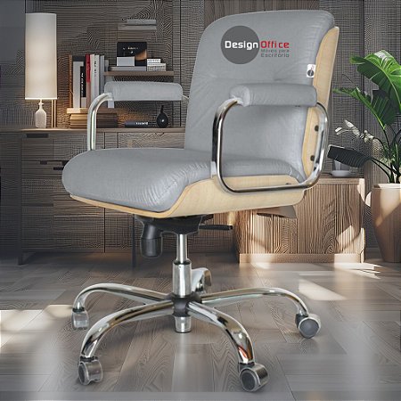 Cadeira Original Eames Diretor com Rodinhas Cromadas e Anti Risco Linha Capa em Madeira Clara - Cinza Claro