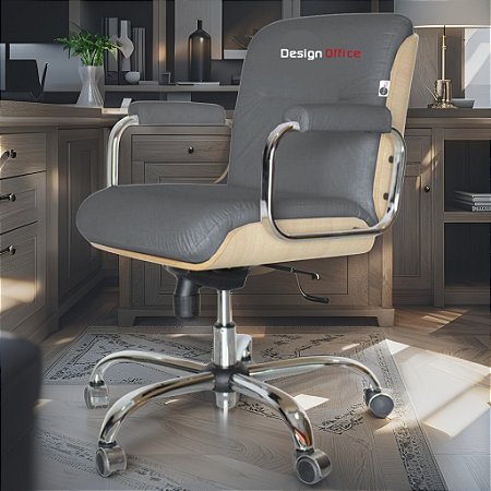 Cadeira Original Eames Diretor com Rodinhas Cromadas e Anti Risco Linha Capa em Madeira Clara - Cinza Escuro