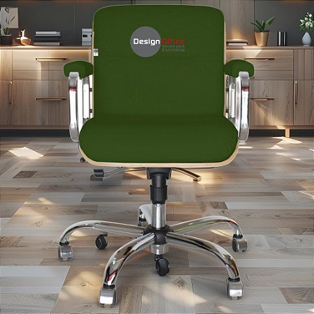 Cadeira Original Eames Diretor com Rodinhas Cromadas e Anti Risco Linha Capa em Madeira Clara - Verde Escuro
