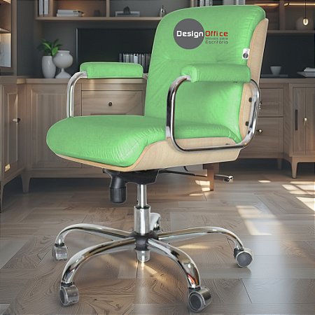 Cadeira Original Eames Diretor com Rodinhas Cromadas e Anti Risco Linha Capa em Madeira Clara - Verde Limão