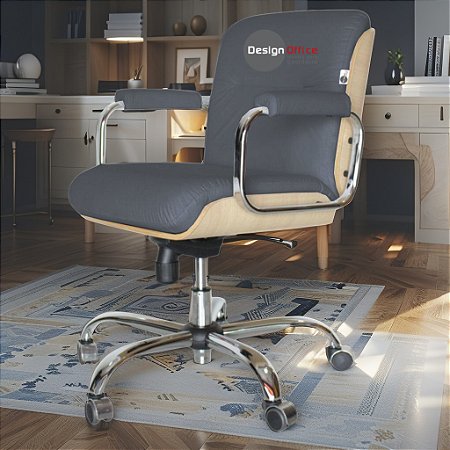 Cadeira Original Eames Diretor com Rodinhas Cromadas e Anti Risco Linha Capa em Madeira Clara - Azul Marinho