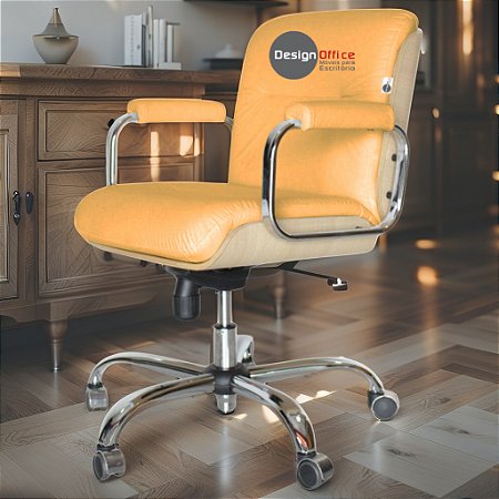 Cadeira Original Eames Diretor com Rodinhas Cromadas e Anti Risco Linha Capa em Madeira Clara - Amarelo Mostarda