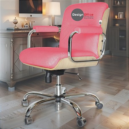 Cadeira Original Eames Diretor com Rodinhas Cromadas e Anti Risco Linha Capa em Madeira Clara - Rosa Pink