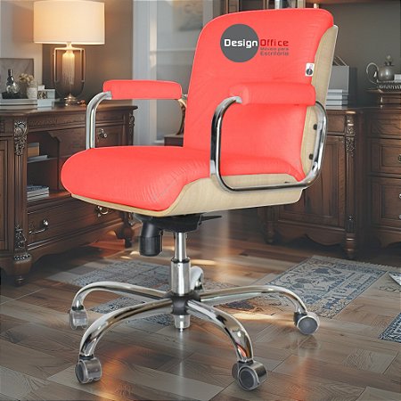 Cadeira Original Eames Diretor com Rodinhas Cromadas e Anti Risco Linha Capa em Madeira Clara - Vermelho Telha