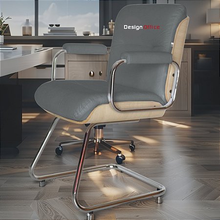 Cadeira Original Eames Interlocutor Cromada Linha Capa em Madeira Clara - Cinza Escuro